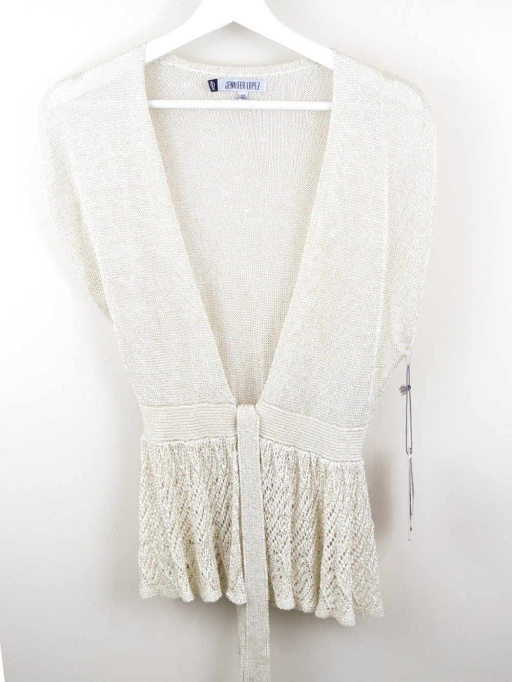Jennifer Lopez Island Paradise Tie Front Sweater White/Gold Lurex NWT XS